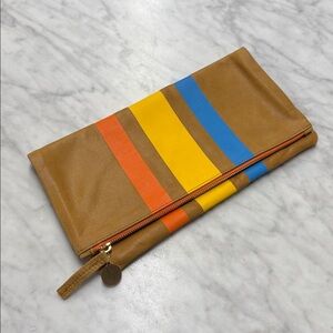 Clare V. Tan Leather Fold Over Clutch with Stripes